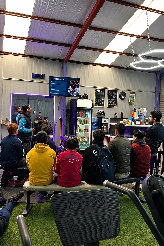 Sesión educativa con equipo deportivo viendo contenido de nutrición en pantalla, en Glow Up